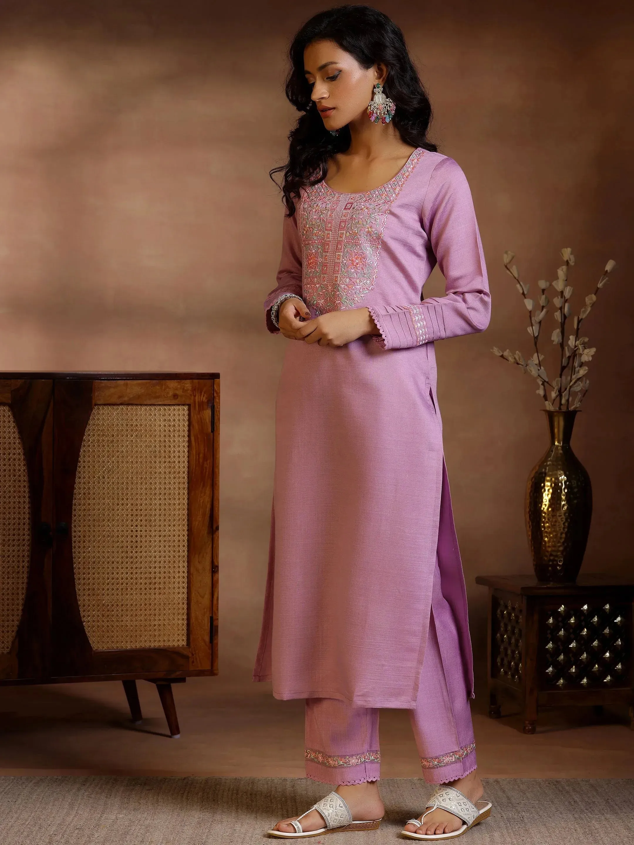 Lavender Yoke Design Silk Blend Straight Suits With Dupatta