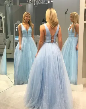 Light Blue Tulle V Neck Long Prom Dresses