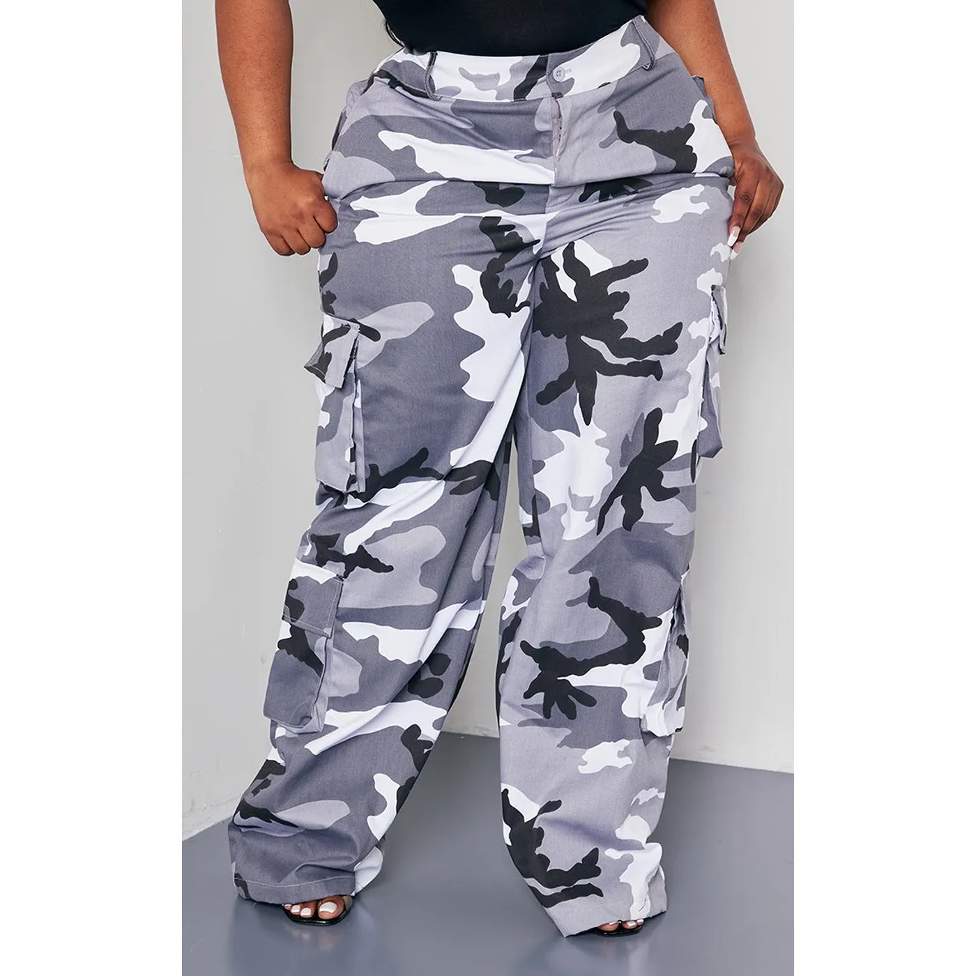 Light Grey Camo Wide Leg Cargo Trousers