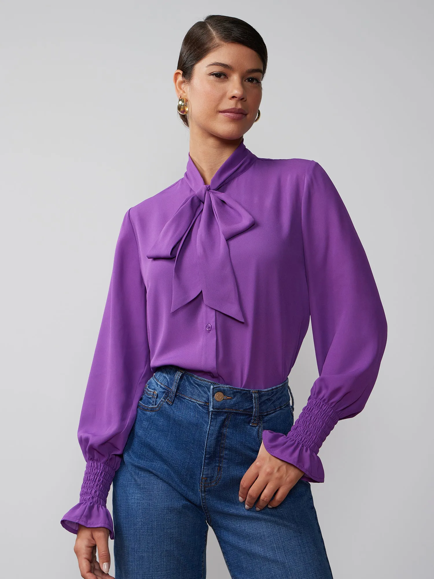 Long Sleeve Tie-Up Bow Neck Blouse