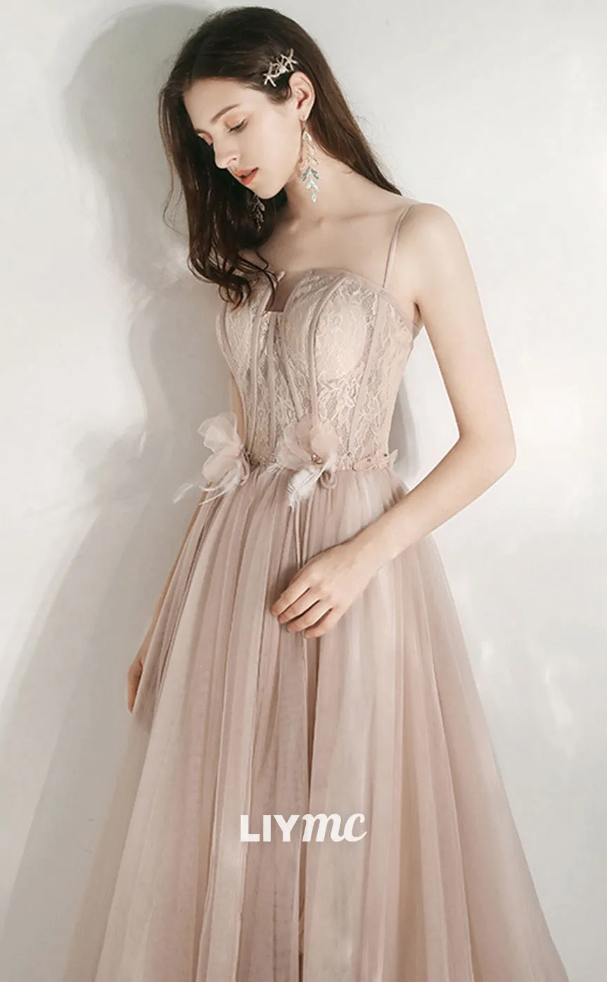 LP1884 - A-Line Tulle Lace Long Prom Dresses, Champagne Lace Formal Dress