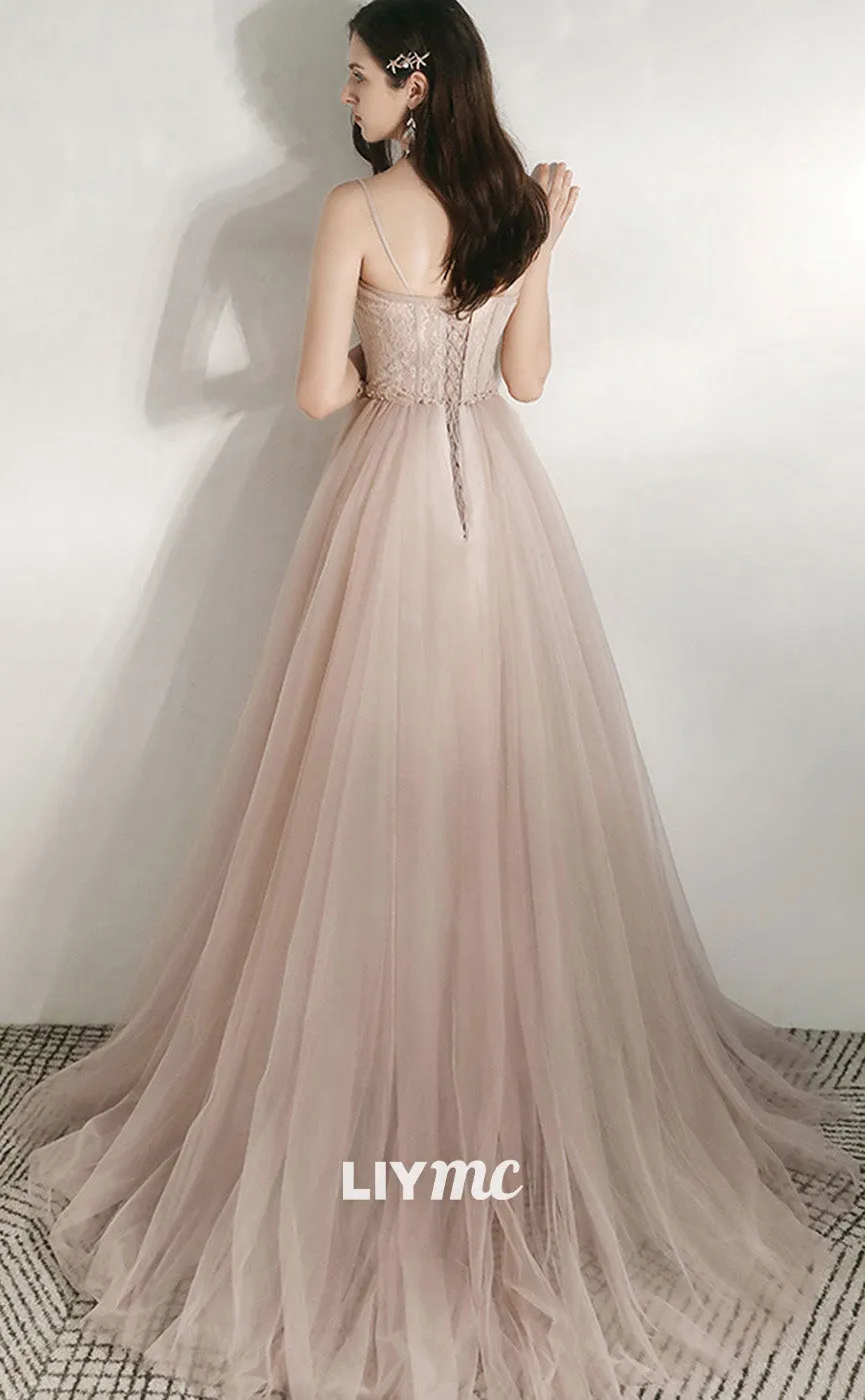 LP1884 - A-Line Tulle Lace Long Prom Dresses, Champagne Lace Formal Dress