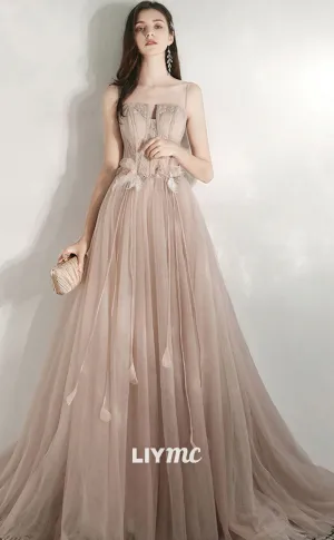 LP1884 - A-Line Tulle Lace Long Prom Dresses, Champagne Lace Formal Dress