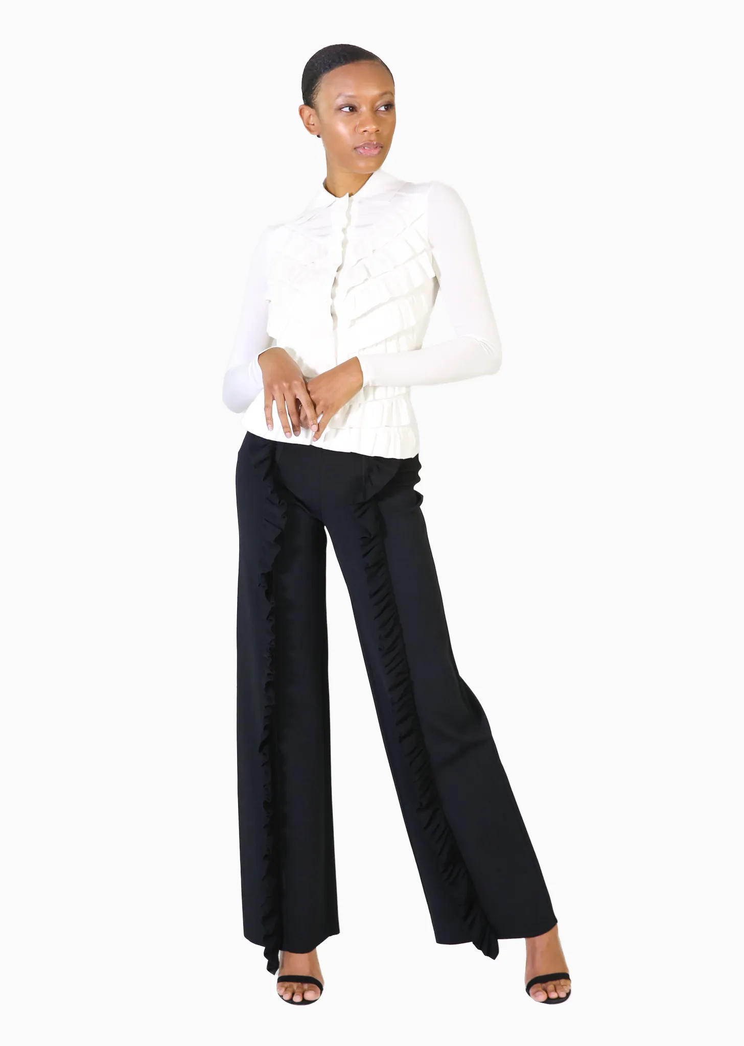 Lynnette - Ruffle Front Wide Leg Womens Black Dress Pants