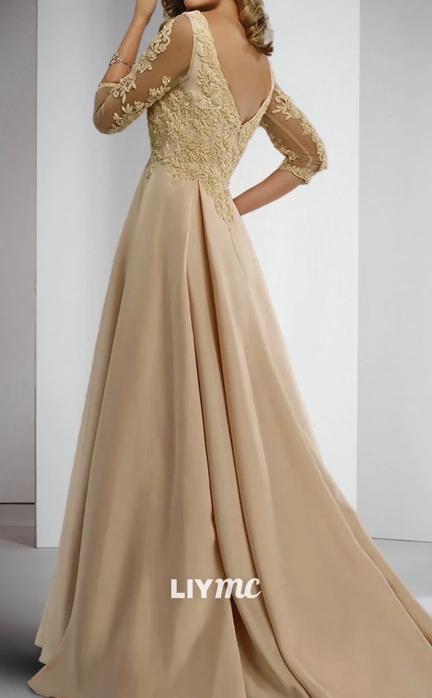 M1050 - Formal Wedding Guest Elegant V Neck Floor Length Satin Lace 34 Length Sleeve with Appliques