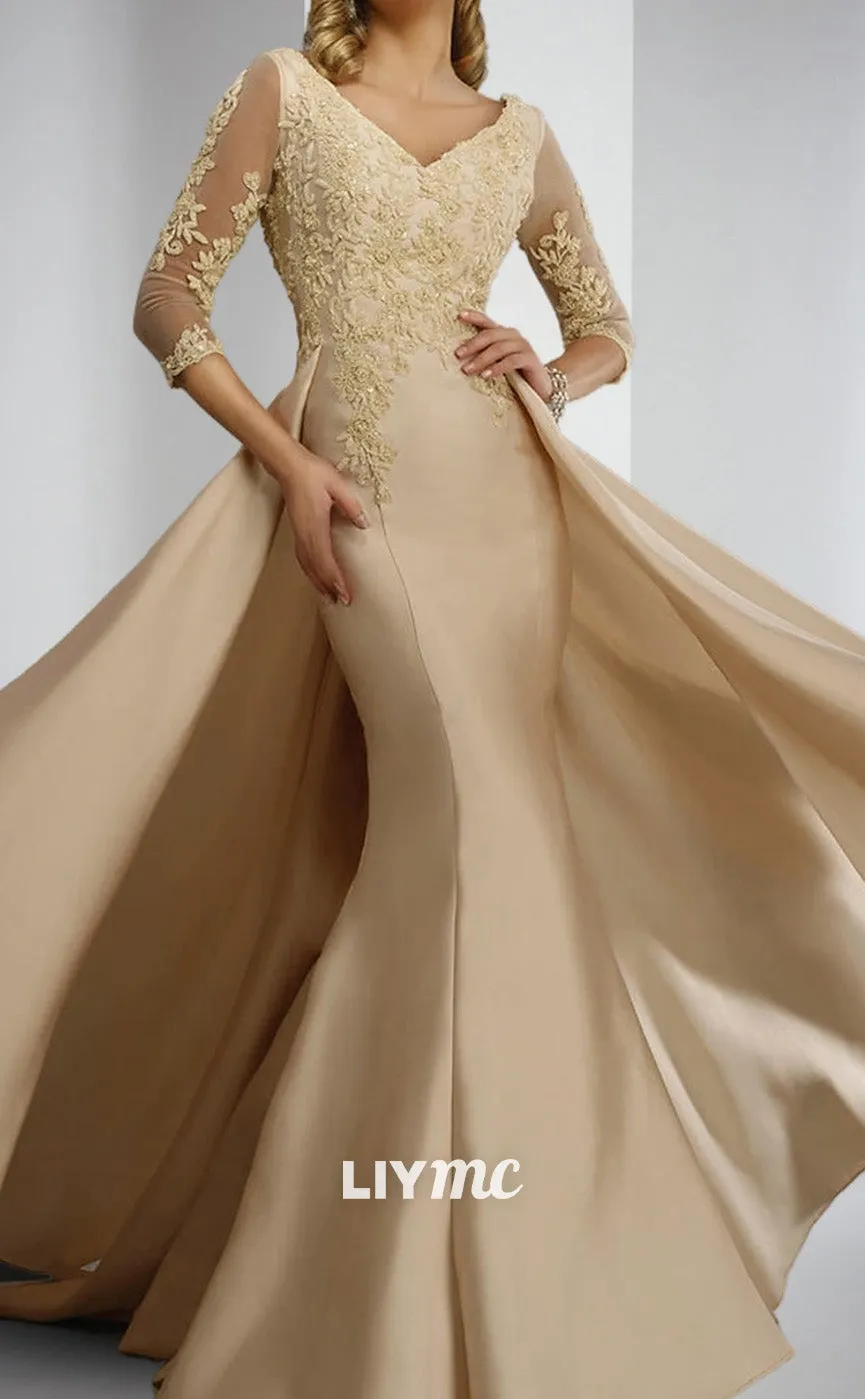 M1050 - Formal Wedding Guest Elegant V Neck Floor Length Satin Lace 34 Length Sleeve with Appliques