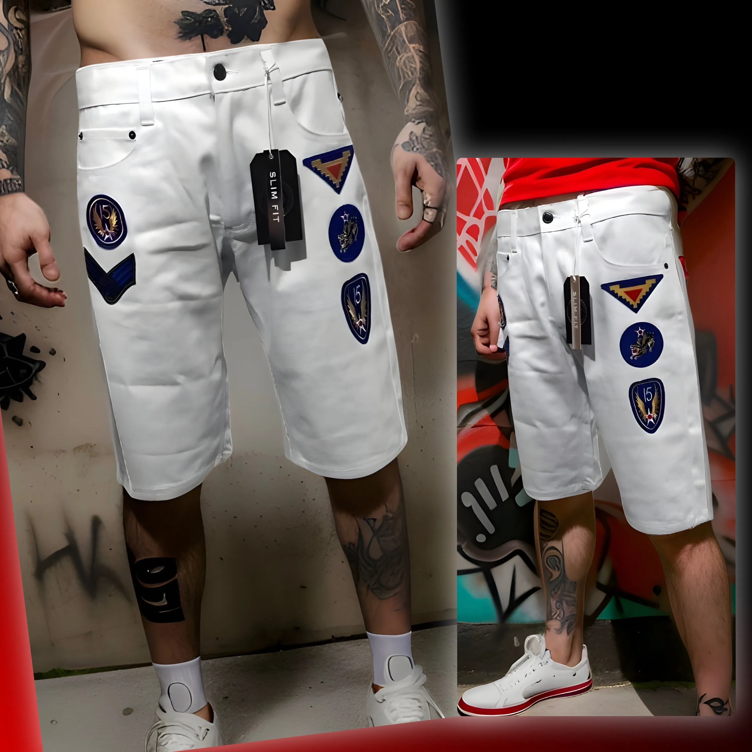 ^MAXI MILIAN^ (WHITE) ~MILITARY~ DENIM SHORTS (SLIM FIT) (EMBROIDERED)