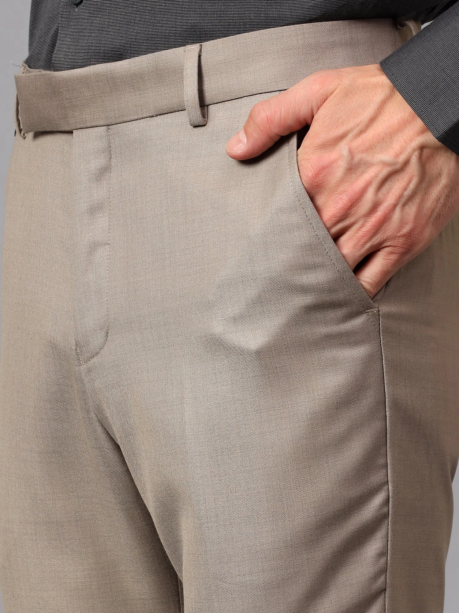 Men's Beige Solid Non-Pleated Formal Trouser