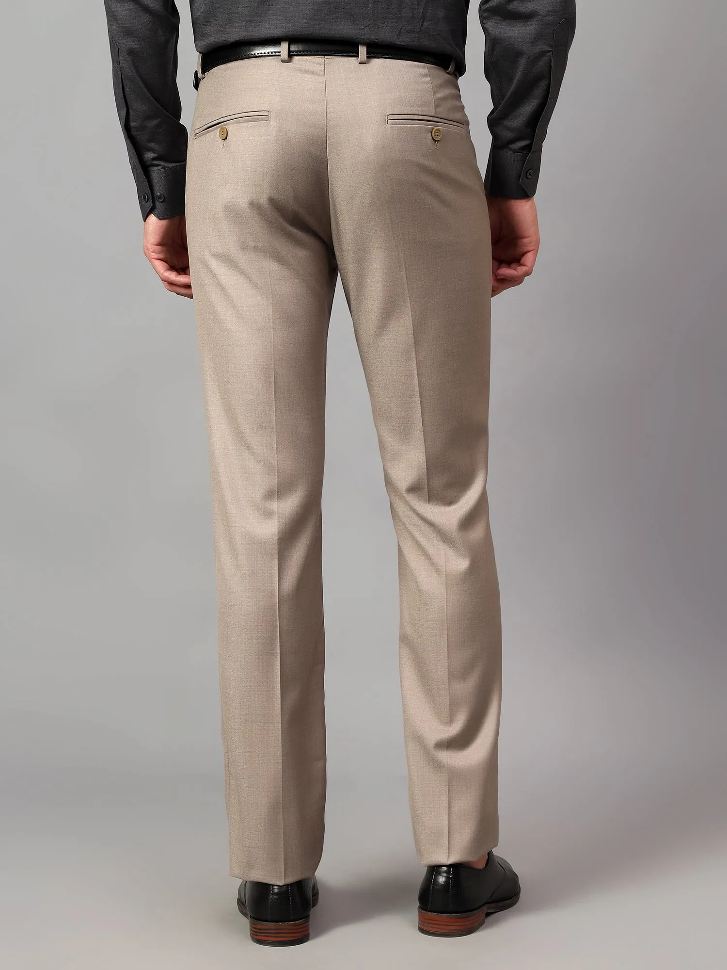 Men's Beige Solid Non-Pleated Formal Trouser