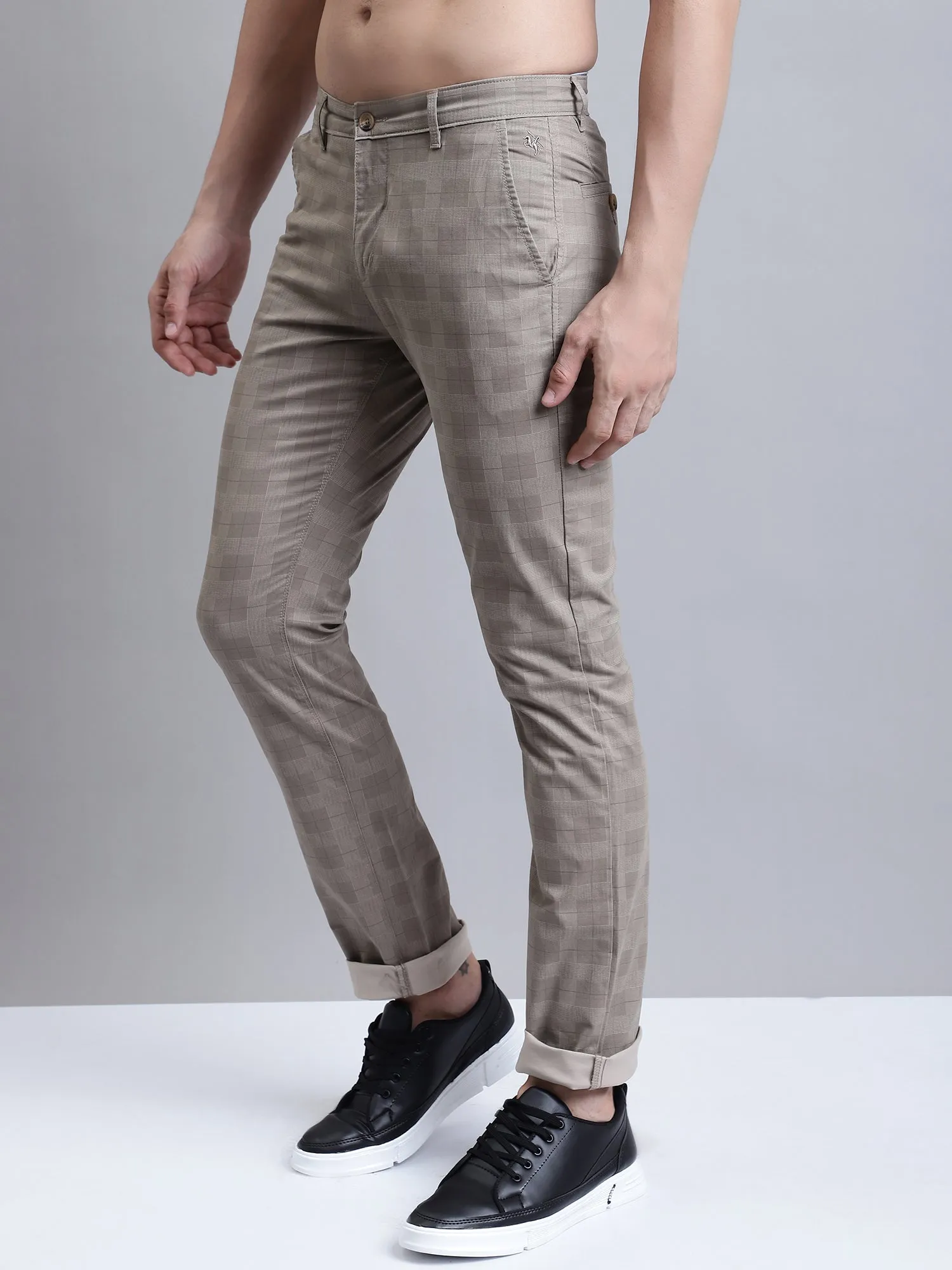 Men's Casual Flat front Brown Printed Trousers