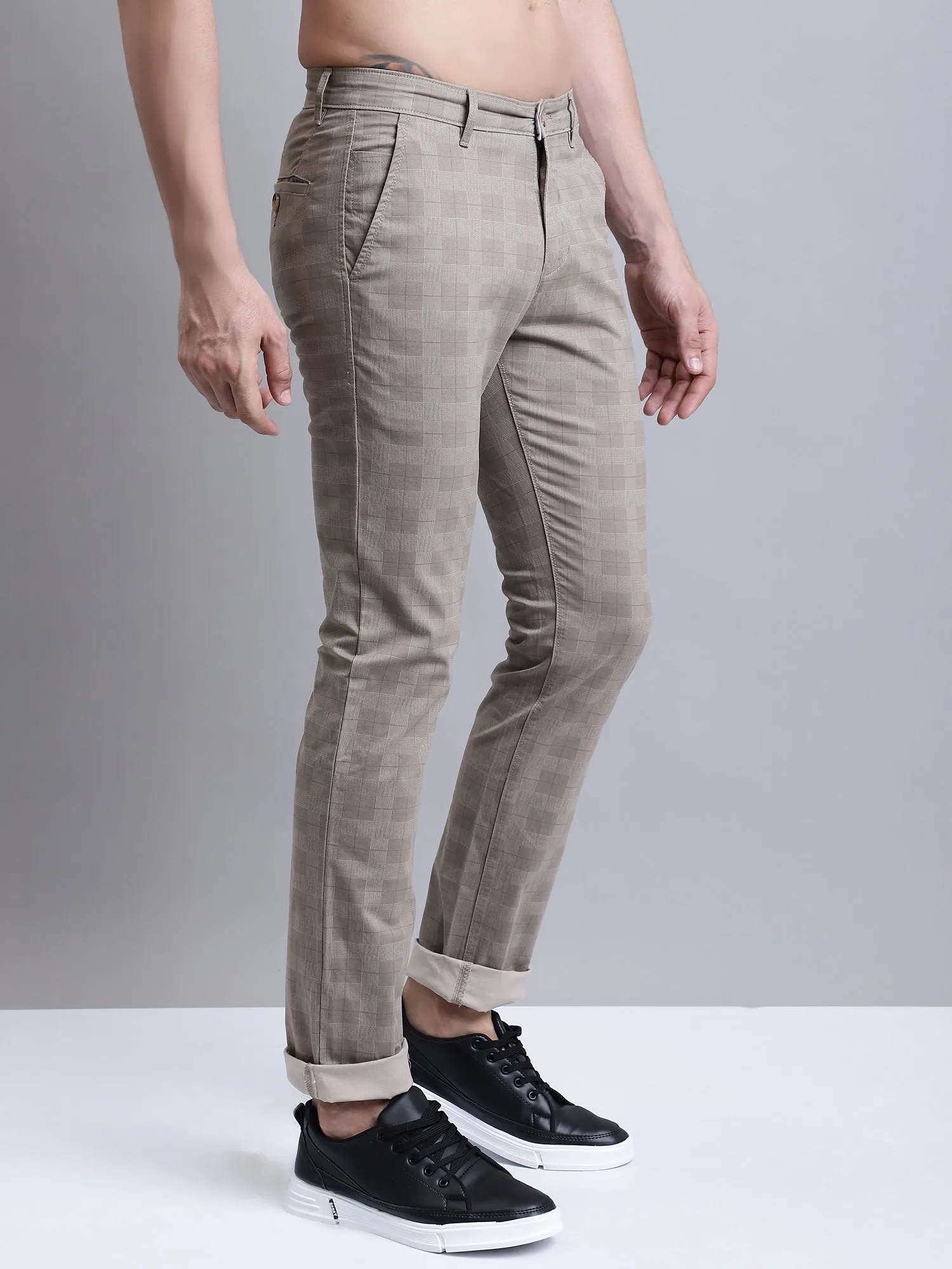 Men's Casual Flat front Brown Printed Trousers