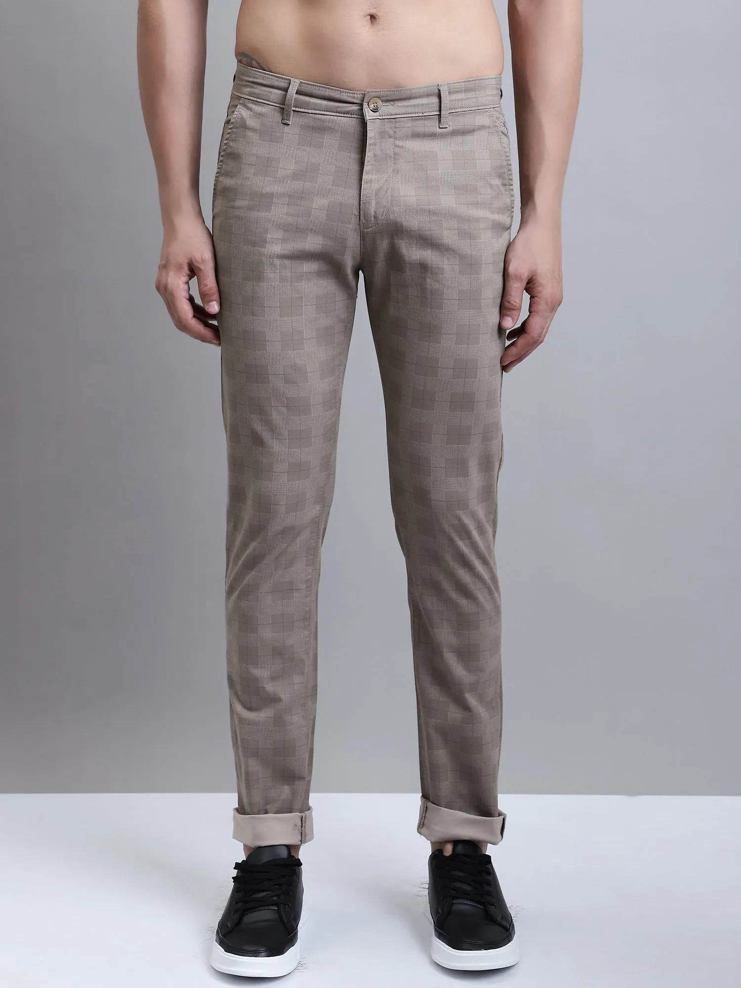 Men's Casual Flat front Brown Printed Trousers