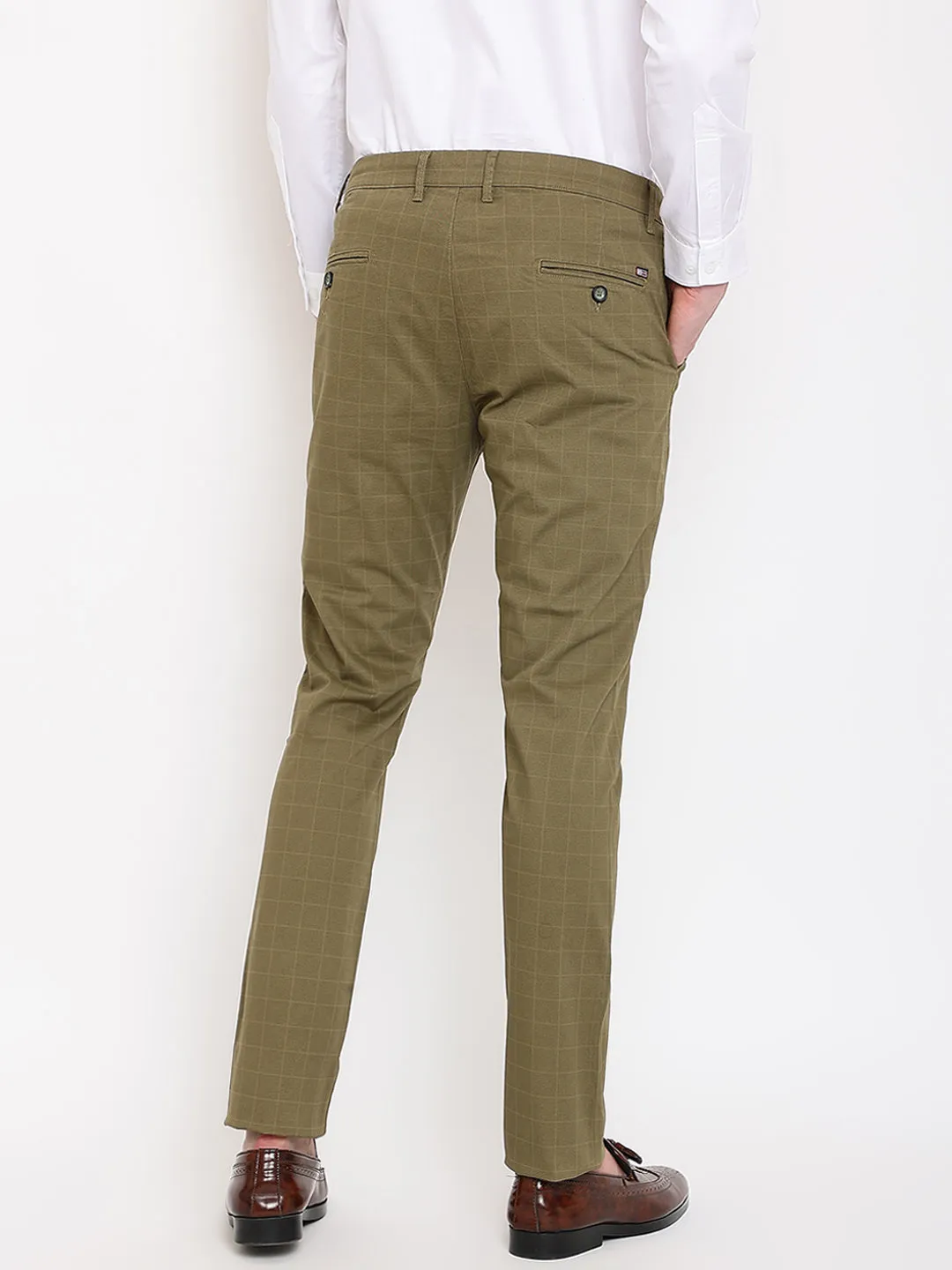 Men's Casual Flat front Olive Green Checks Trousers