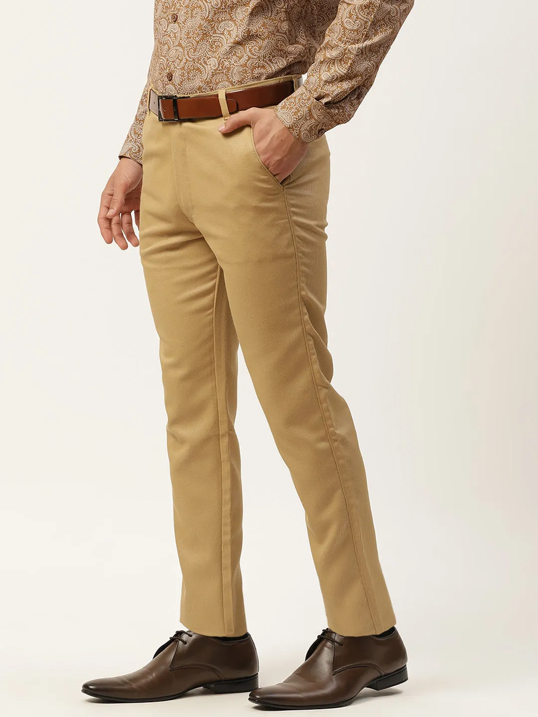 Men's Cotton Blend Khaki Woven Design Formal Trousers - Sojanya