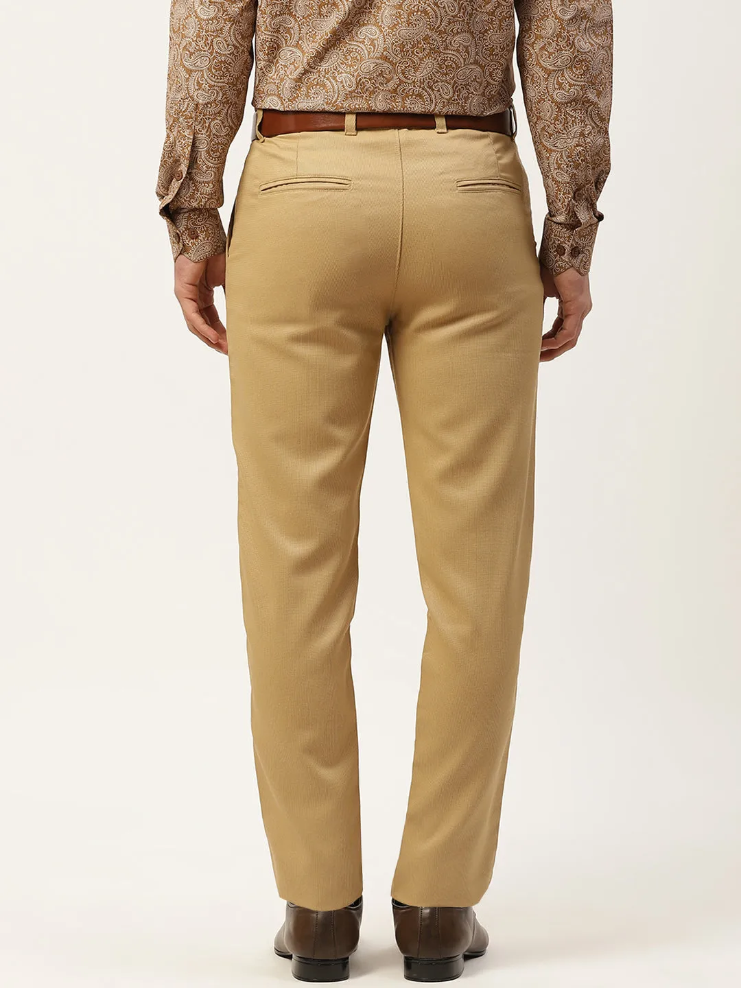 Men's Cotton Blend Khaki Woven Design Formal Trousers - Sojanya