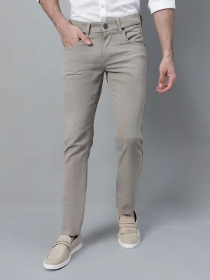 Men's Cream Self Design Non-Pleated Casual Trouser