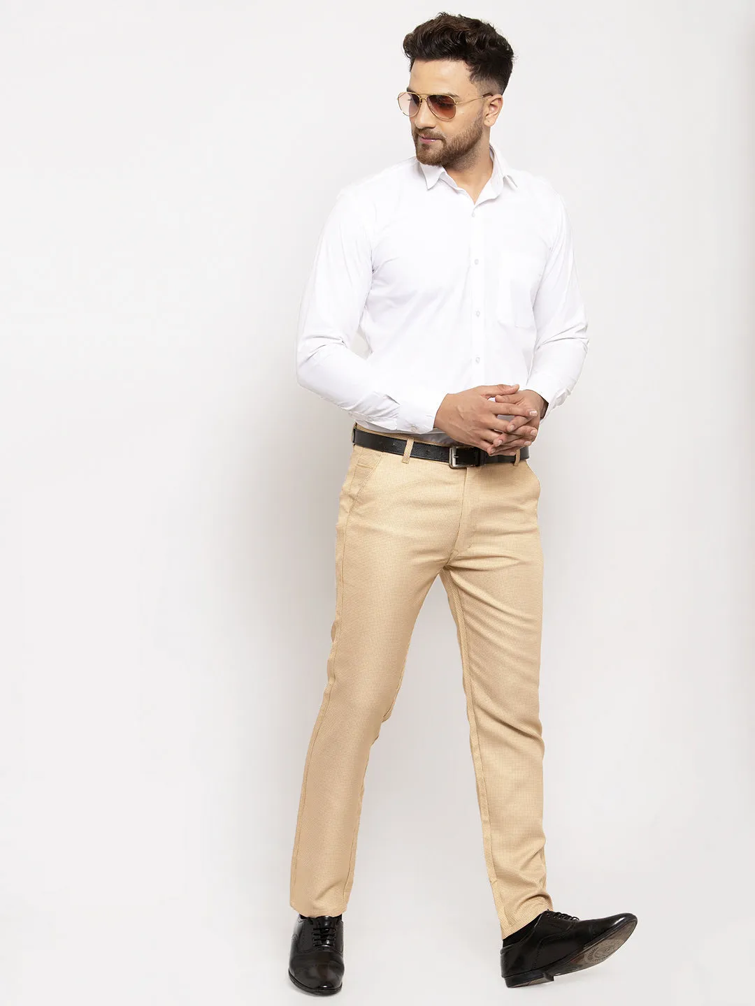 Men's Gold Cotton Polka Dots Formal Trousers ( GP 257Golden ) - Jainish