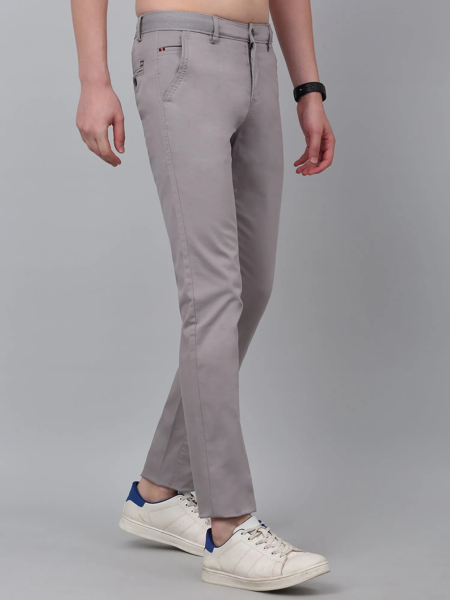 Men's Grey Self-Design Non-Pleated Stretchable Casual Trouser