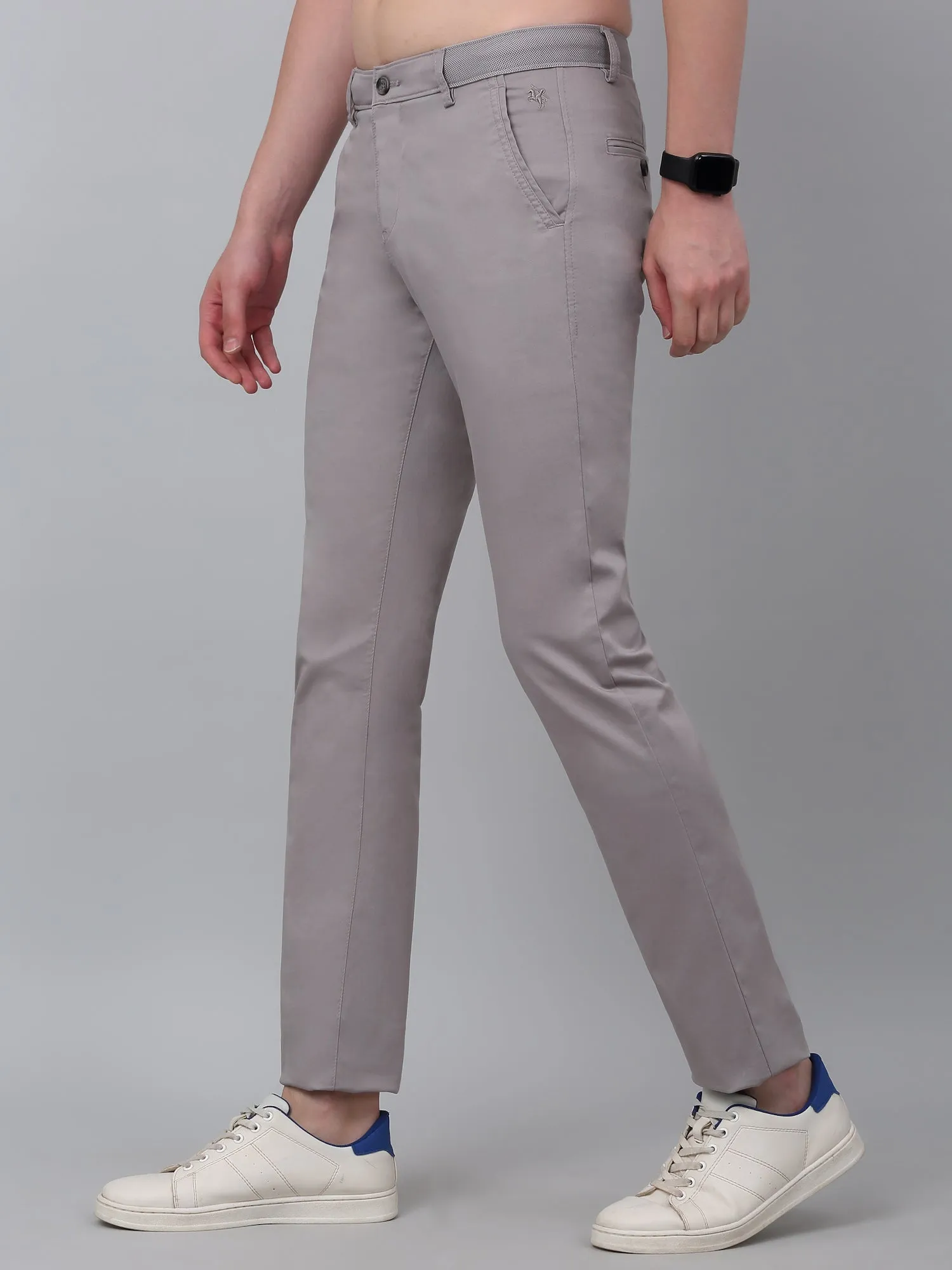 Men's Grey Self-Design Non-Pleated Stretchable Casual Trouser