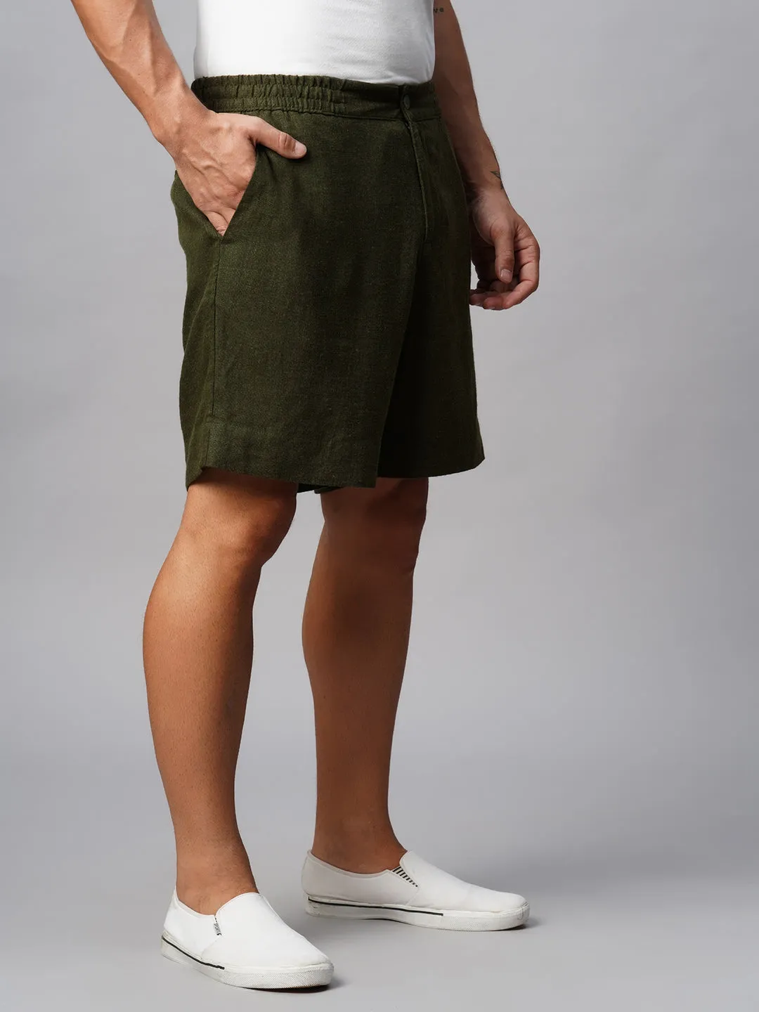 Men's Linen Viscose Olive Regular Fit Shorts