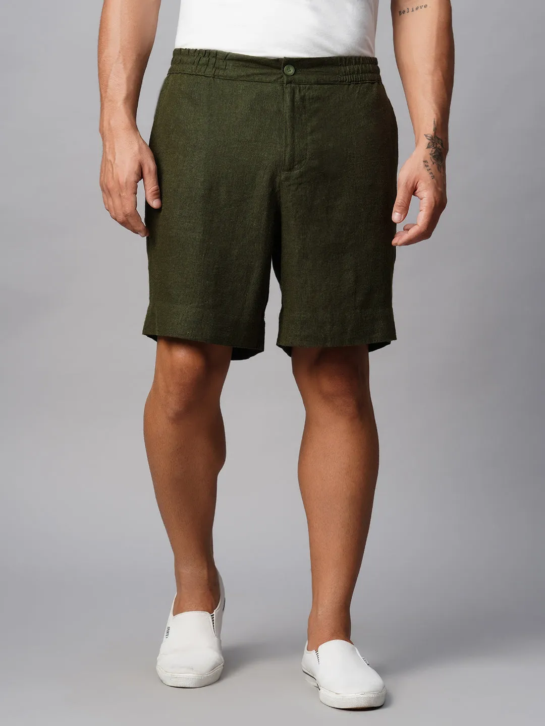 Men's Linen Viscose Olive Regular Fit Shorts