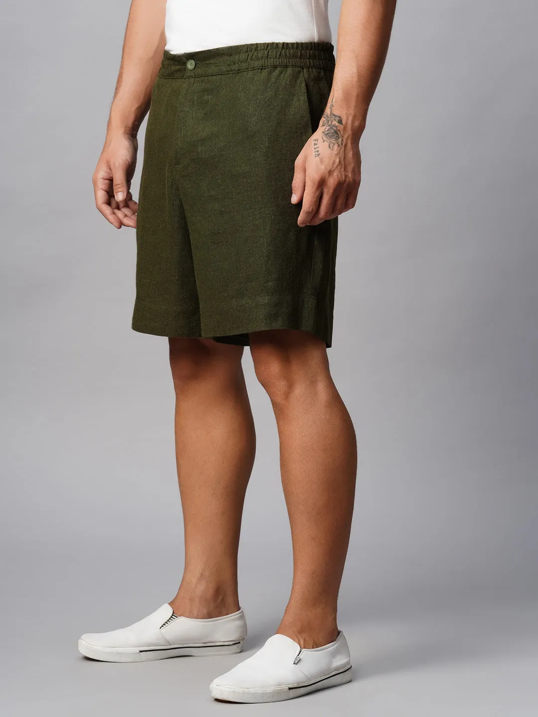 Men's Linen Viscose Olive Regular Fit Shorts