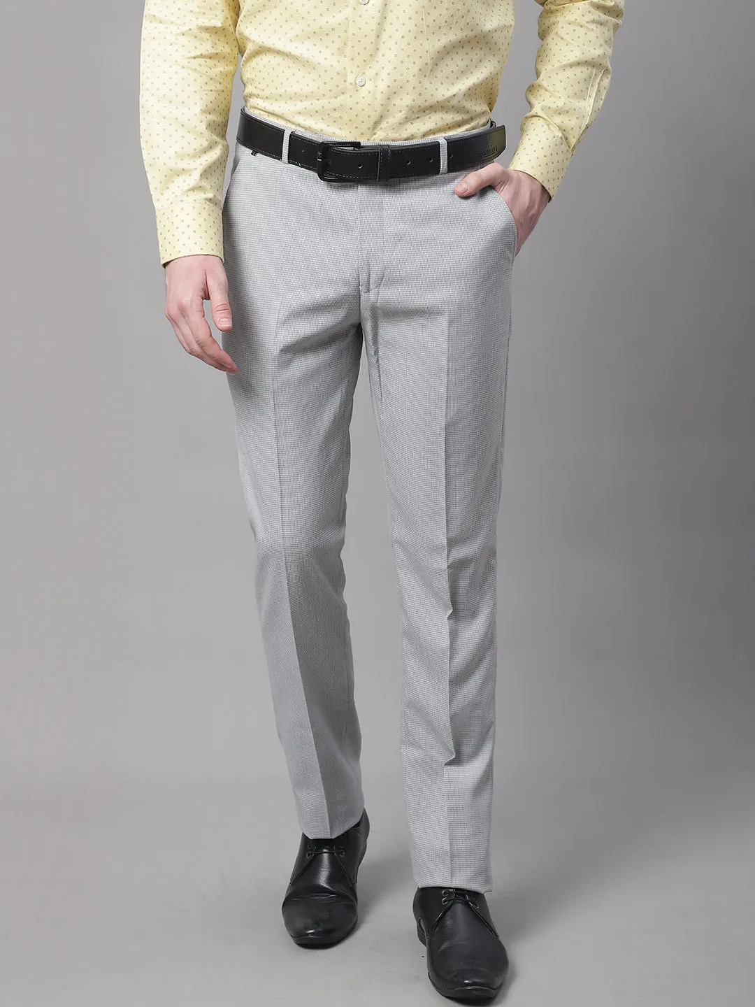 Men's Regular fit Flat front Light Grey Houndstooth Trousers