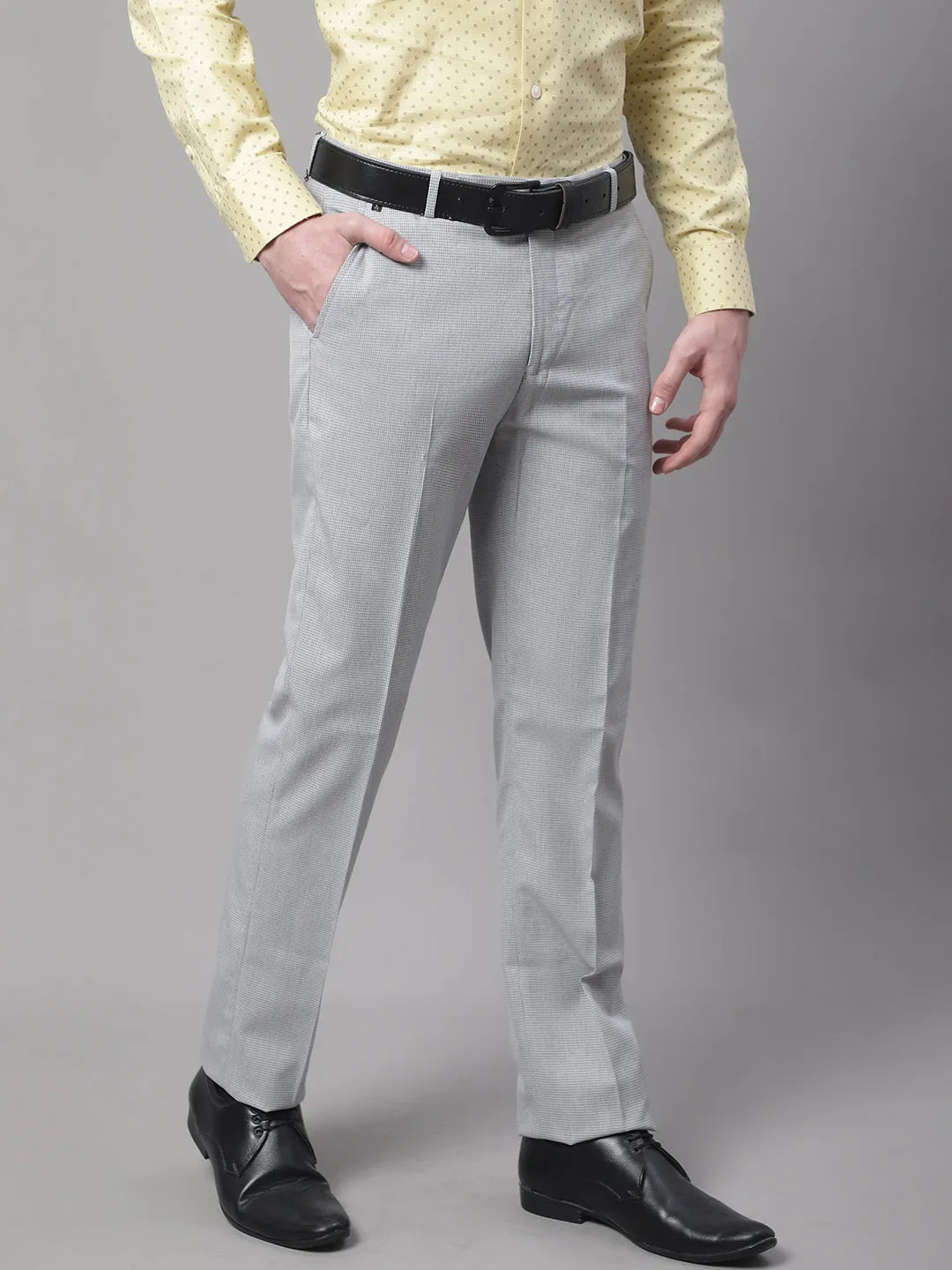 Men's Regular fit Flat front Light Grey Houndstooth Trousers