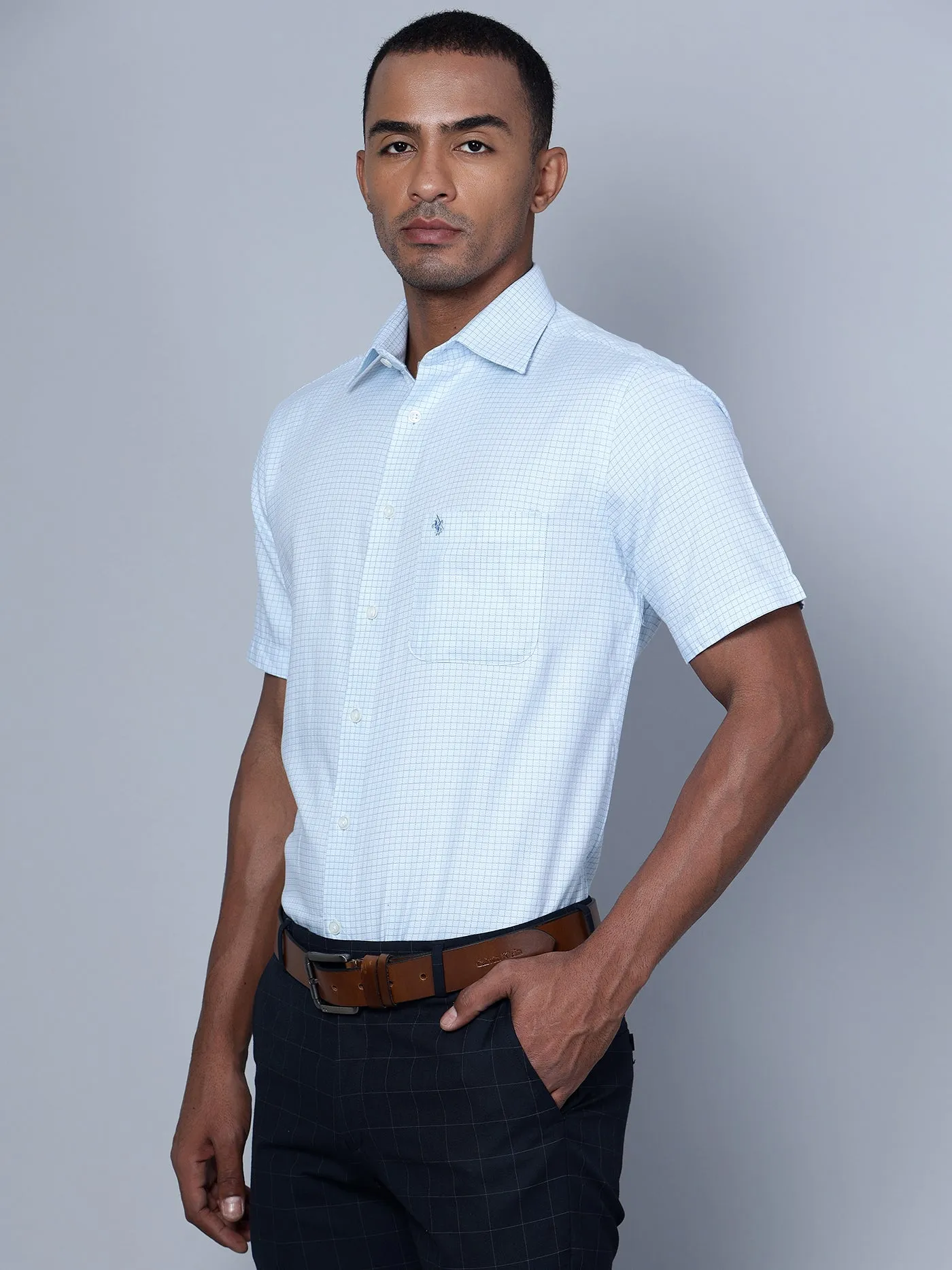 Men's Sky Blue Formal Small Checks Half Sleeve Shirt