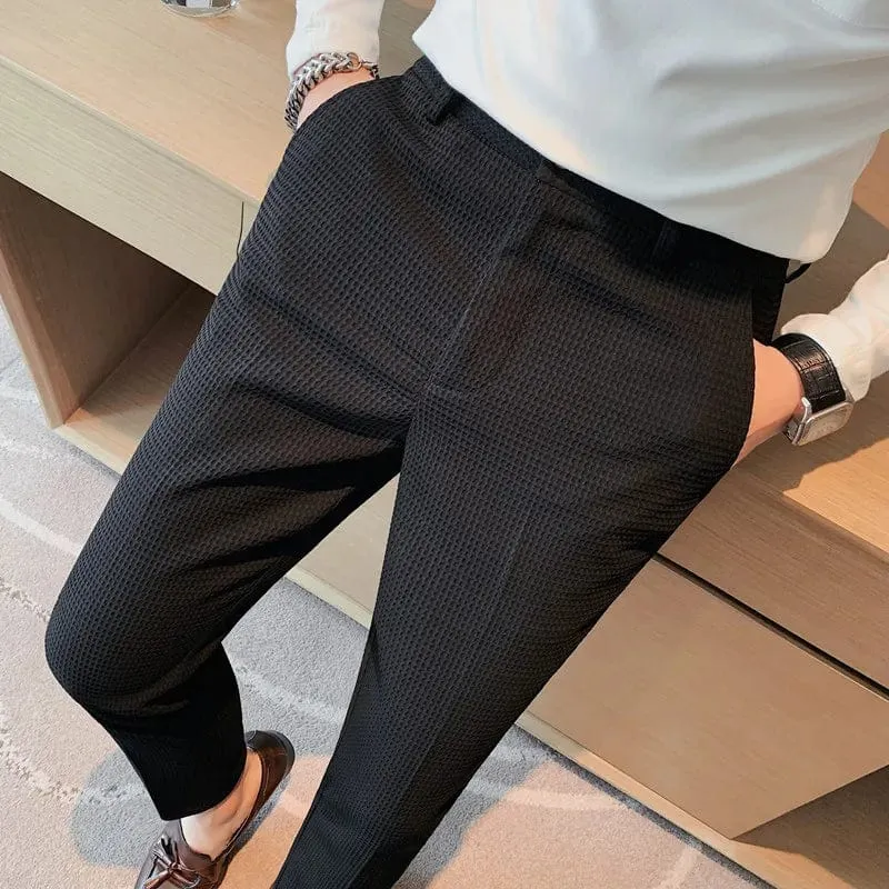 Men's Slim Fit Waffle Dress Pants: High-Quality Fashion Suit Trousers