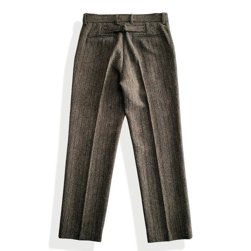 Men's Tweed Pants Straight Mid-waist Business Style Vintage Trousers