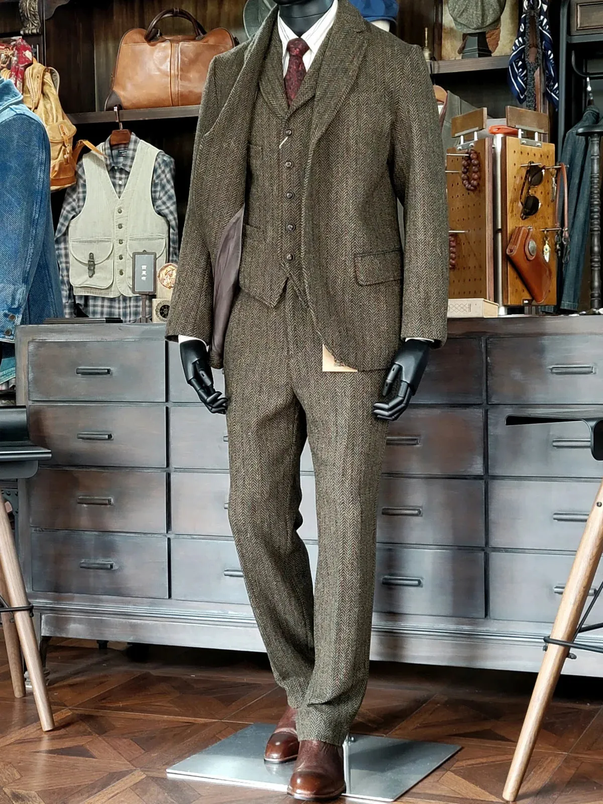 Men's Tweed Pants Straight Mid-waist Business Style Vintage Trousers