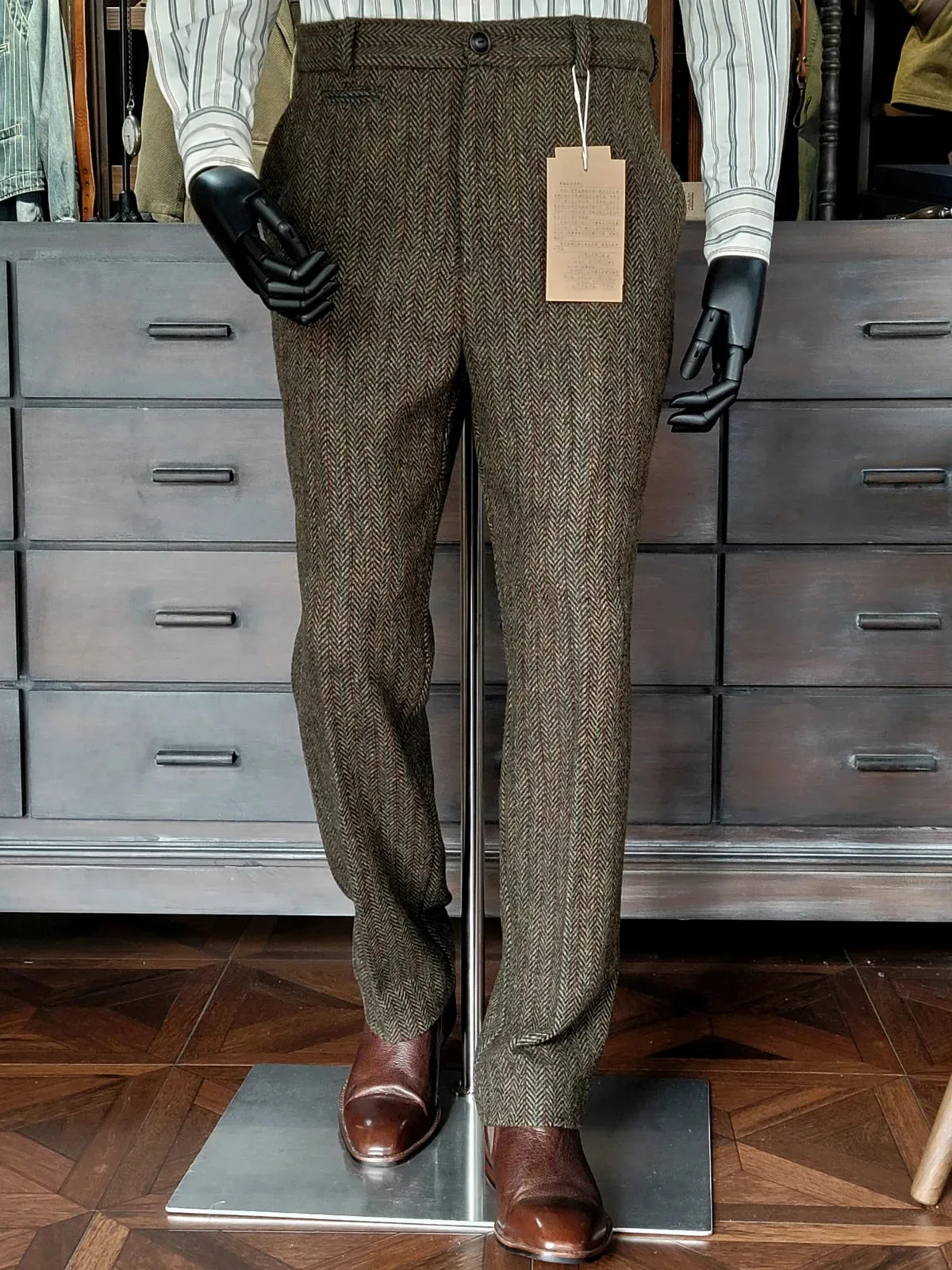 Men's Tweed Pants Straight Mid-waist Business Style Vintage Trousers