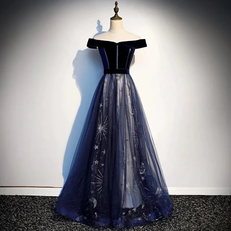 Navy Blue Floral Off Shoulder Velvet and Tulle Prom Dress, Blue Party Dress Formal Dress