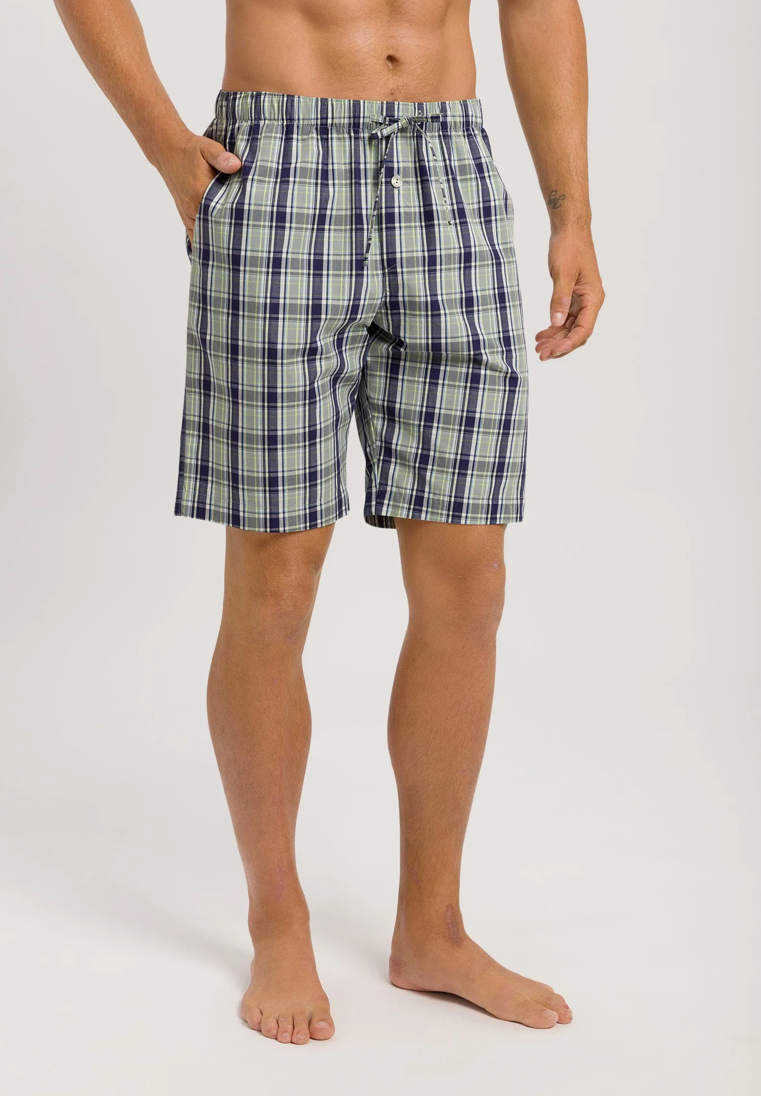 Night And Day Drawstring Cotton Shorts | Green Check 75117-2873