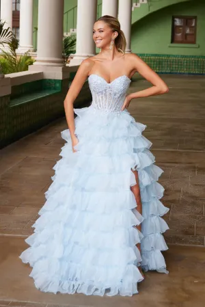 Nox Anabel R1688 Size 2, 14 Light Blue Lace Corset Ruffle A Line Prom Dress Maxi Slit Layered ballgown Formal Strapless