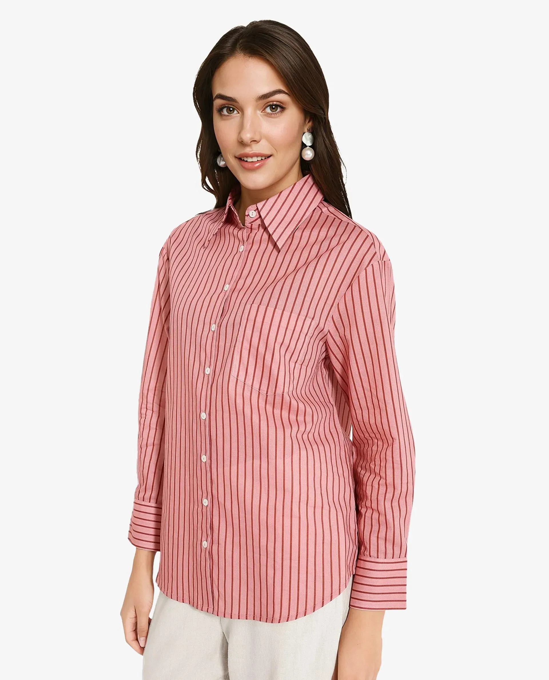 Rareism Women Barletta Pastel Pink Cuffed Sleeve Collared Neck  Narrow Stripes Shirt