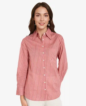 Rareism Women Barletta Pastel Pink Cuffed Sleeve Collared Neck  Narrow Stripes Shirt