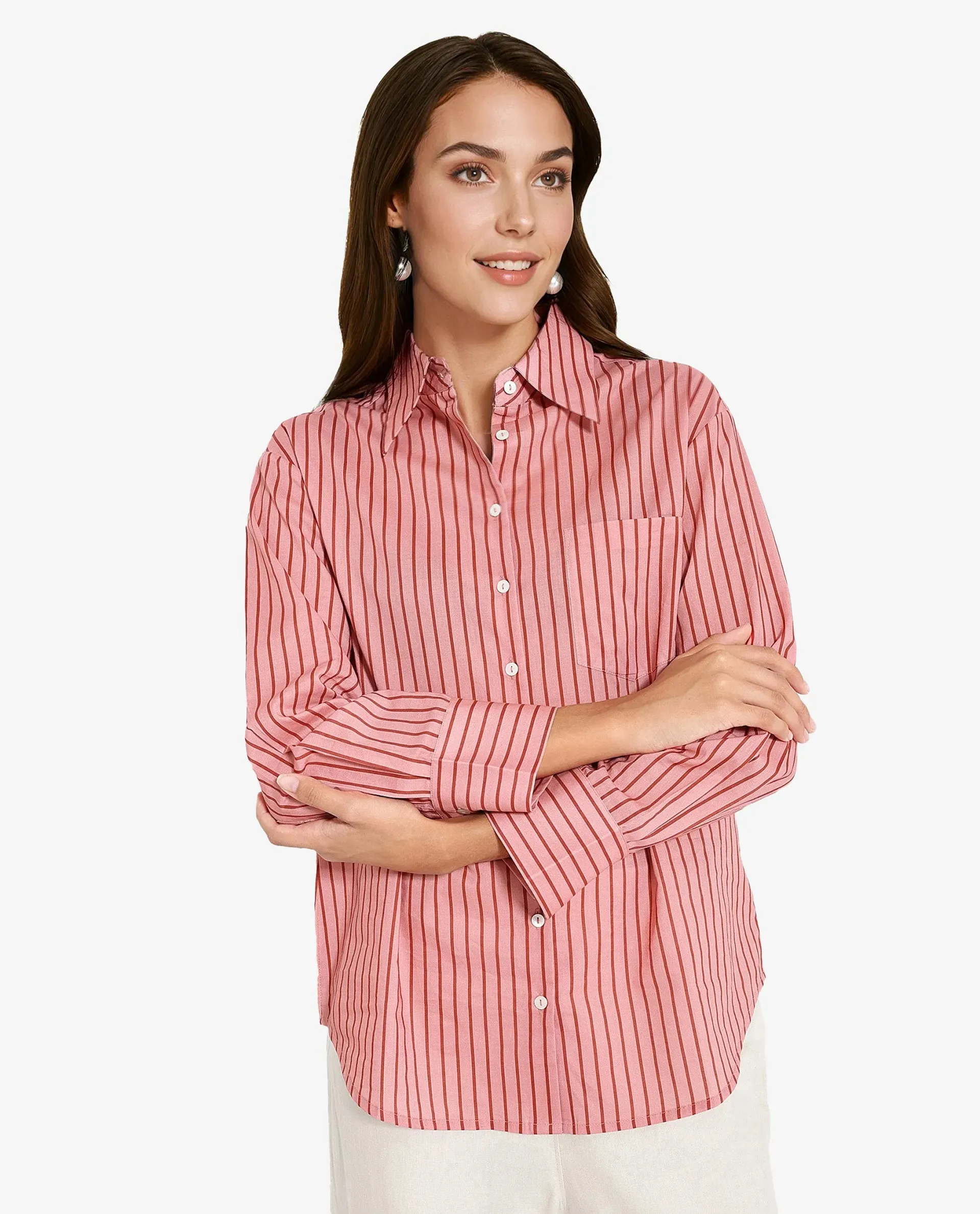 Rareism Women Barletta Pastel Pink Cuffed Sleeve Collared Neck  Narrow Stripes Shirt