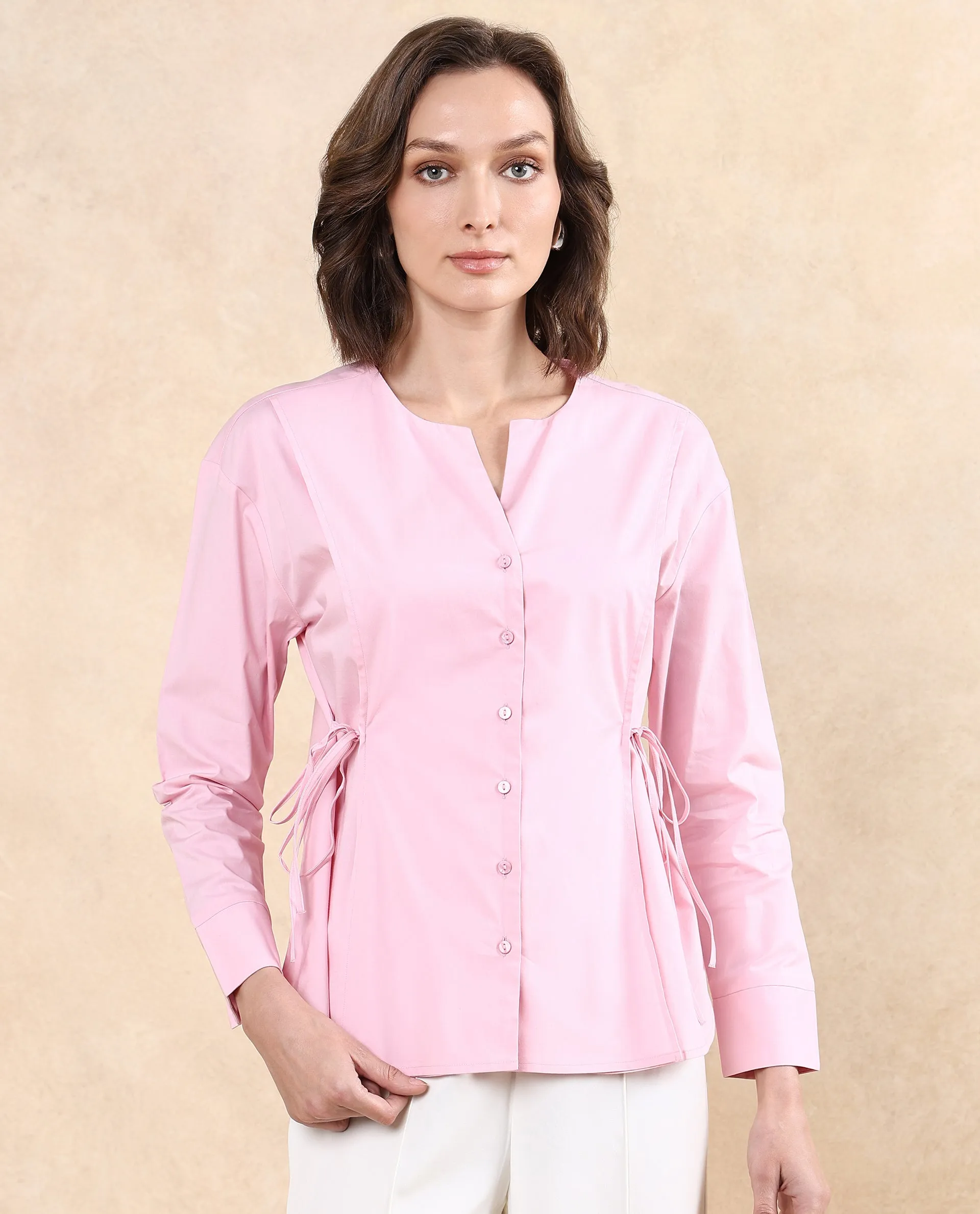 Rareism Women Juniv Light Pink Cotton Blend Fabric Cuffed Sleeve Round Neck Button Closure Plain Top