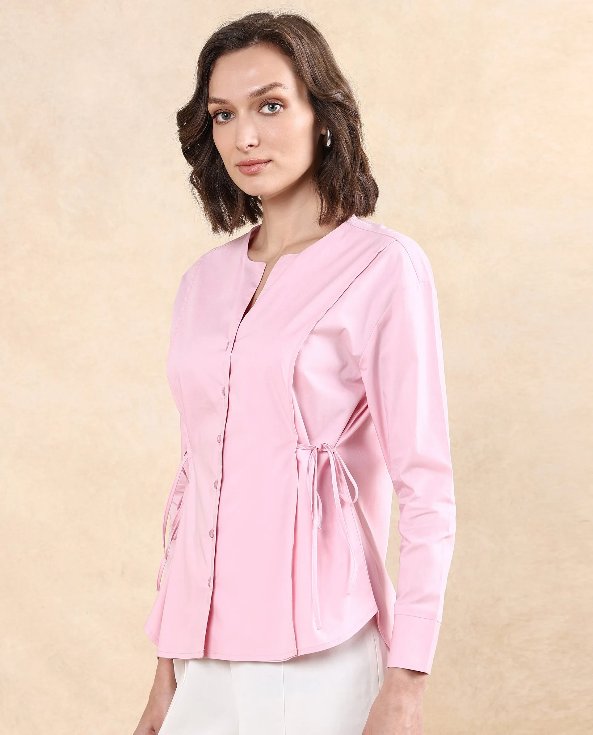 Rareism Women Juniv Light Pink Cotton Blend Fabric Cuffed Sleeve Round Neck Button Closure Plain Top