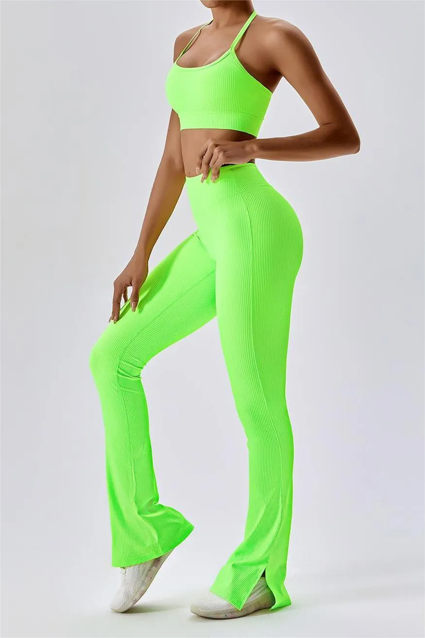 Ribbed High Waist Split Flare Leggings