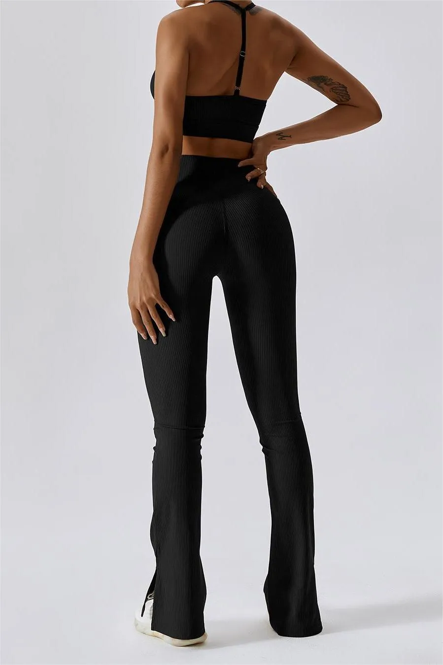 Ribbed High Waist Split Flare Leggings