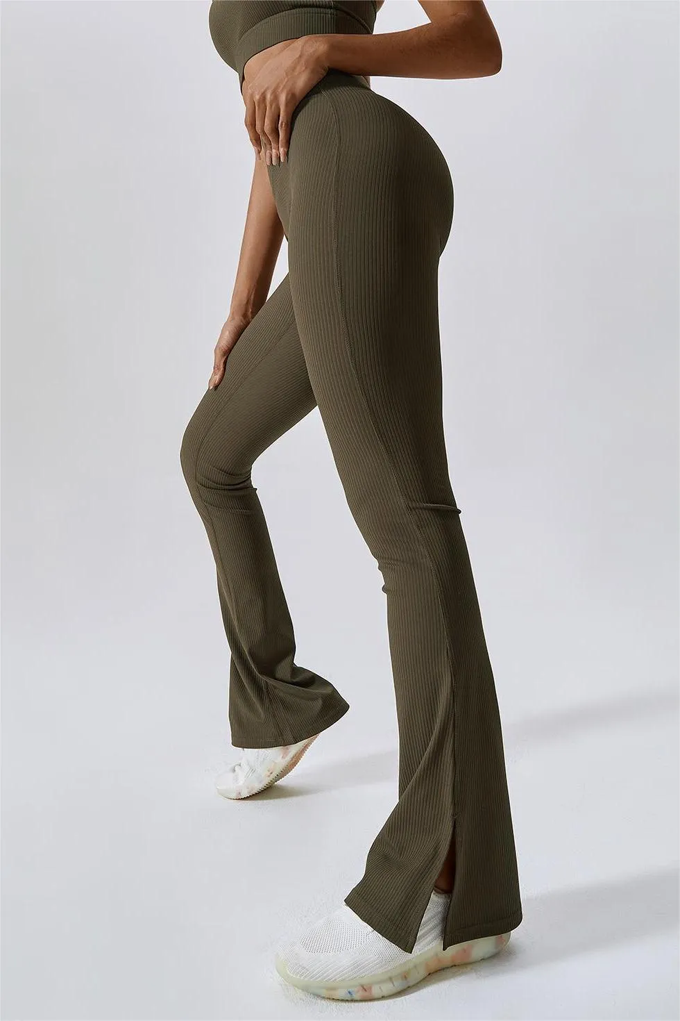 Ribbed High Waist Split Flare Leggings