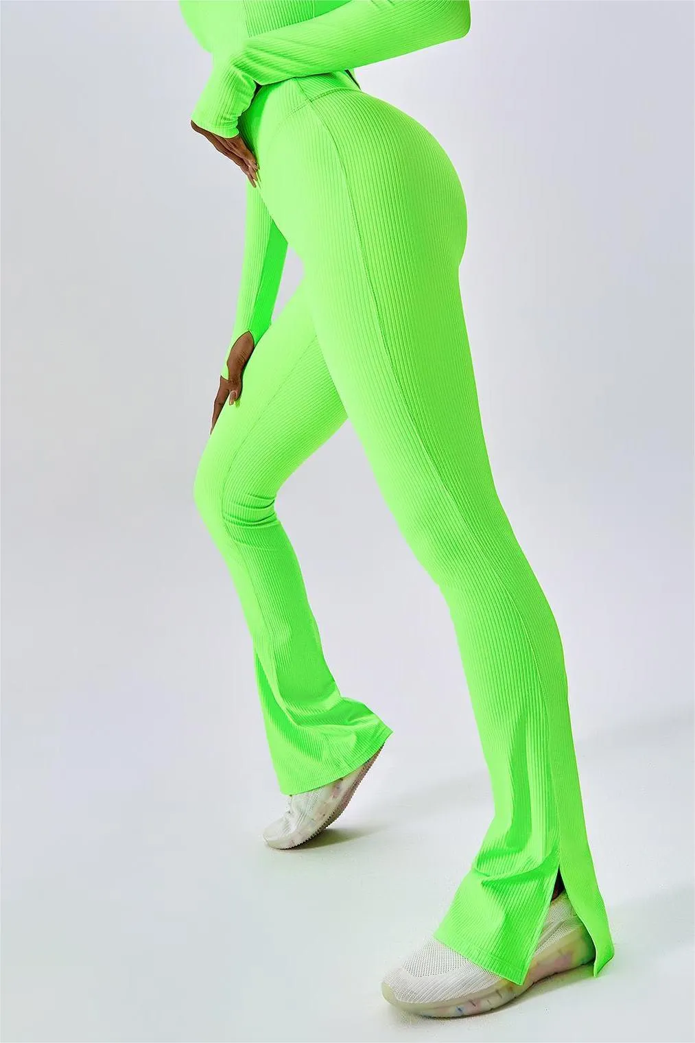 Ribbed High Waist Split Flare Leggings