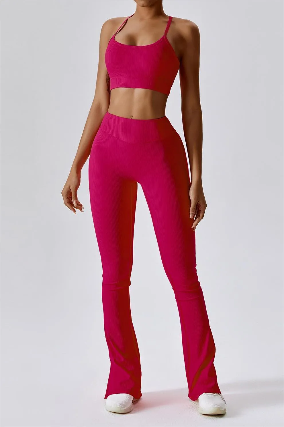 Ribbed High Waist Split Flare Leggings