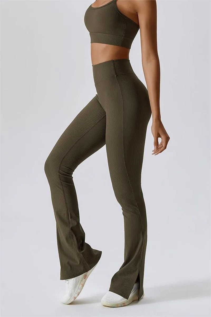 Ribbed High Waist Split Flare Leggings