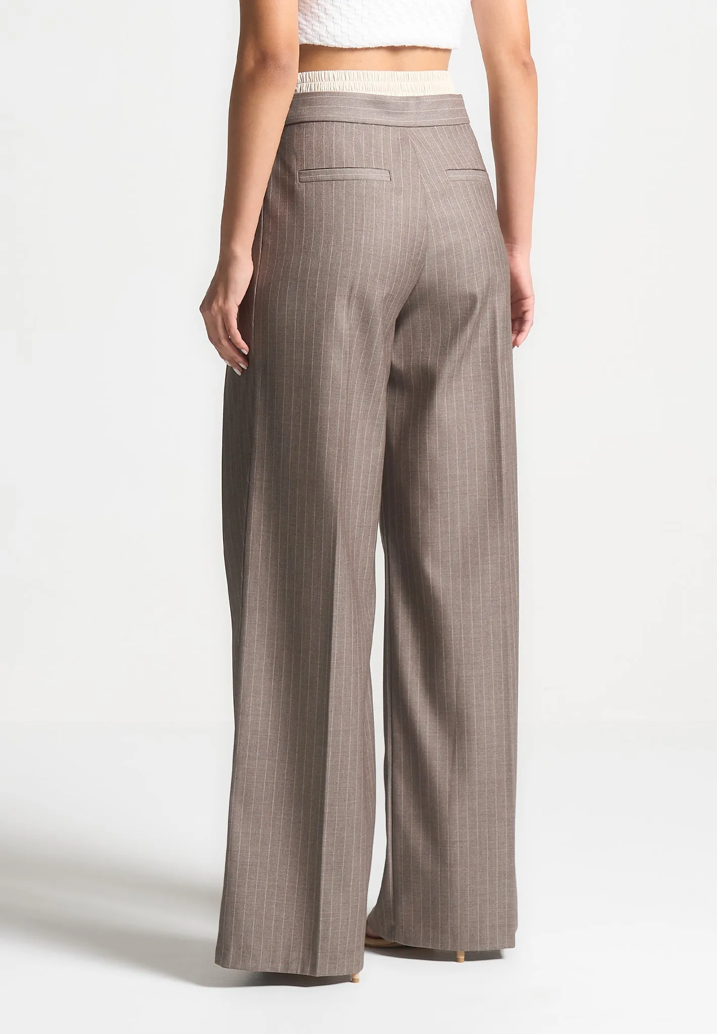 Satin Waistband Pinstripe Trousers - Taupe