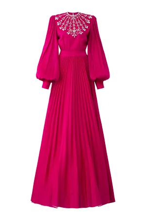 Scarlet Pleated Bishop Sleeved Silk Maxi Dress