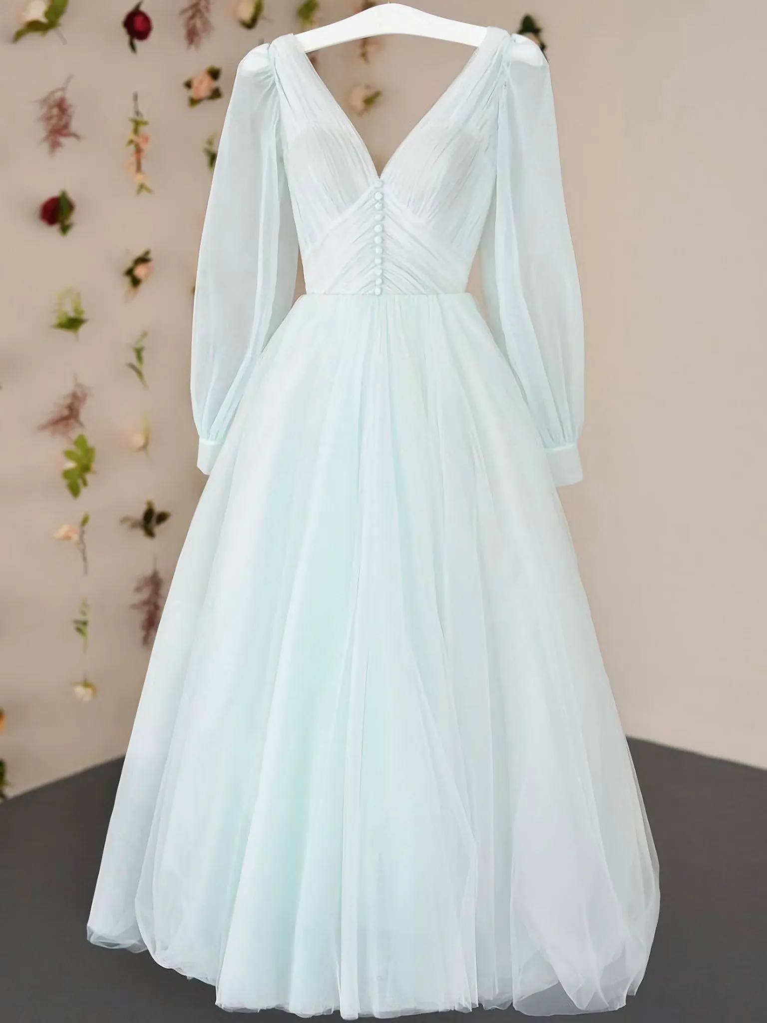 Simple V Neck Tulle Tea Length Prom Dress Tulle Formal Dress